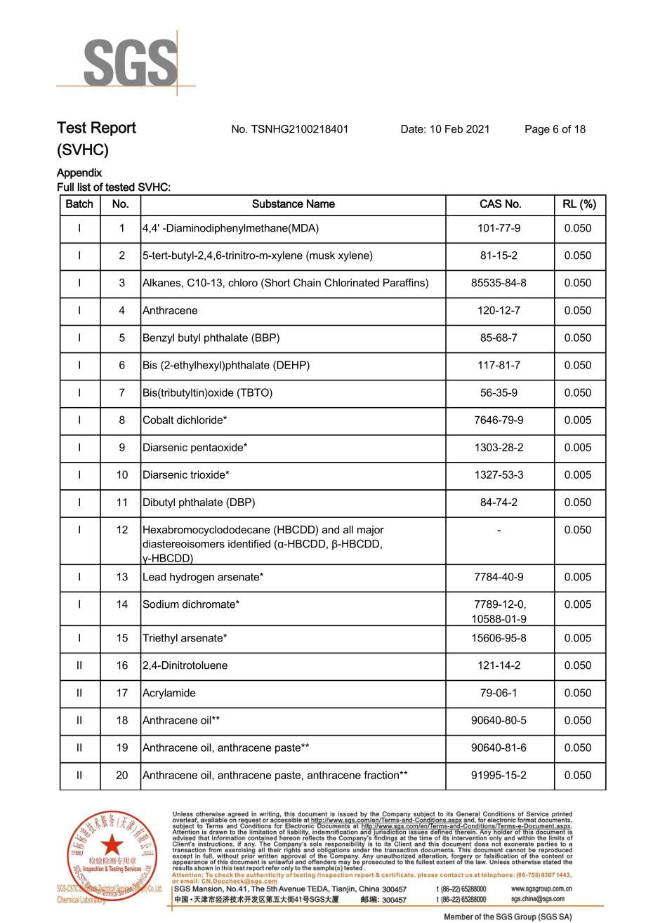 REACH211项检测报告-天津泰达清洁质料有限公司